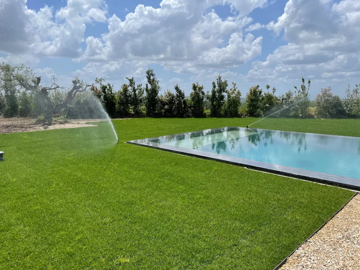 Arroseurs escamotables en fonctionnement sur une pelouse bordant une piscine à débordement
