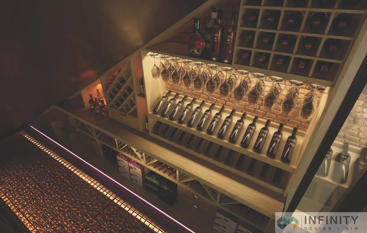 Rendu 3D de la cave à vin : casiers en bois rétroéclairés, bouteilles et verres suspendus sous l'escalier