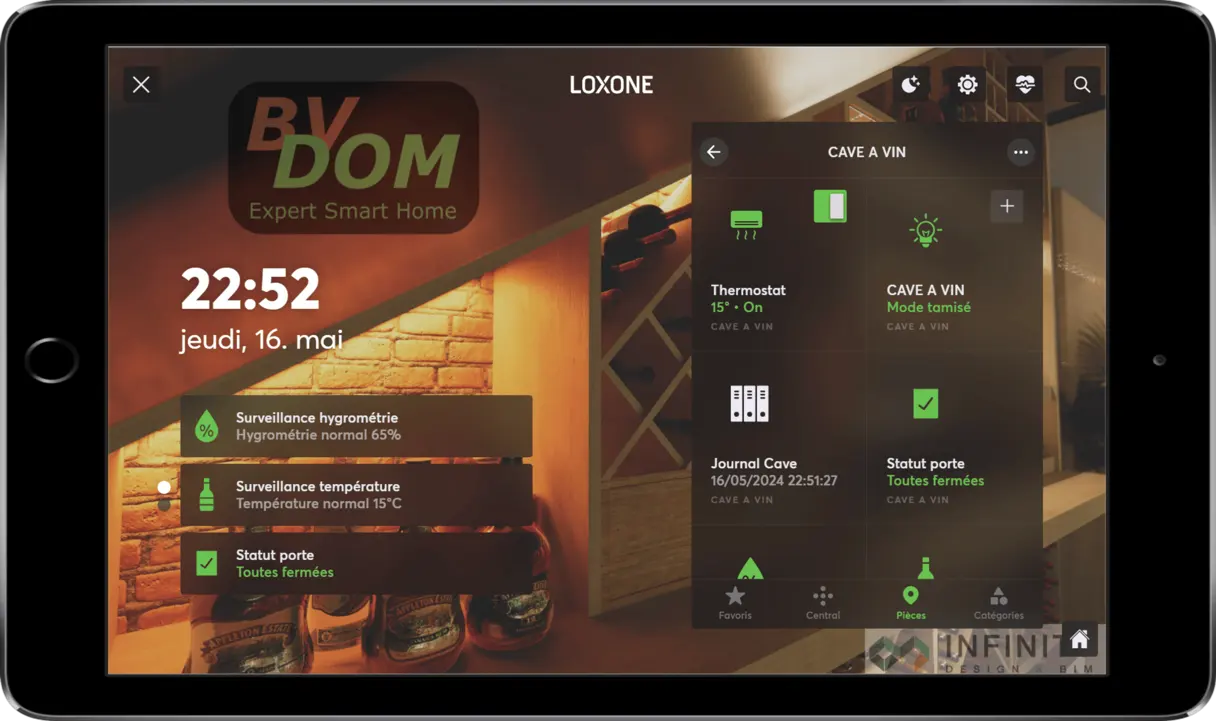 Interface Loxone de la cave sur tablette : surveillance de l'hygrométrie, de la température et de l'état des portes