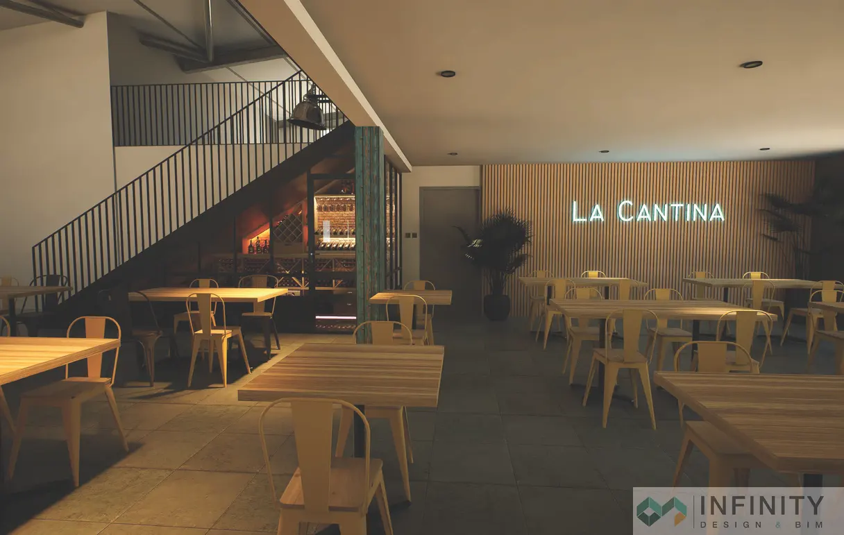 Rendu 3D de la cave à vin — vue d'ensemble des casiers et de l'éclairage d'ambiance