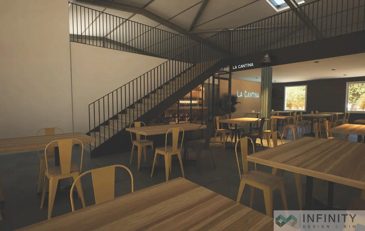 Rendu 3D de la cave à vin — perspective sur les rangements en bois