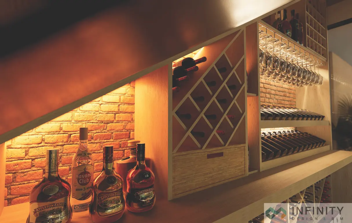 Rendu 3D de la cave à vin — détail des casiers et de la mise en lumière