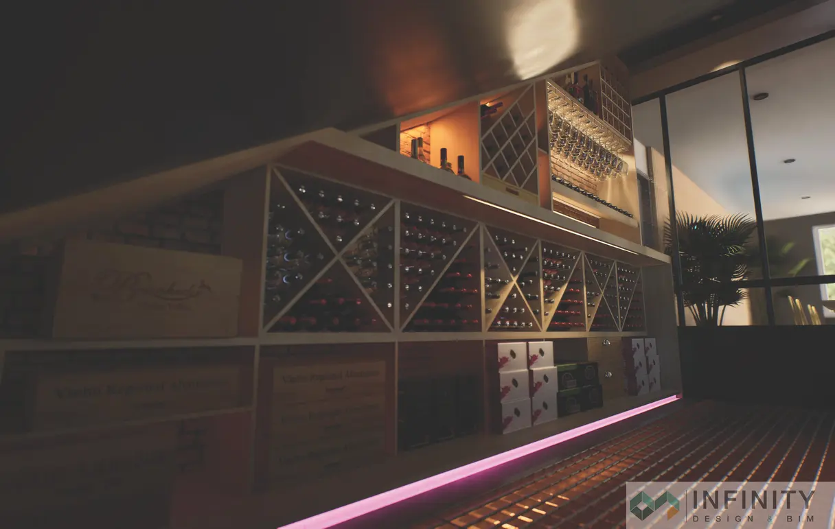 Rendu 3D de la cave à vin — vue depuis l'espace de dégustation