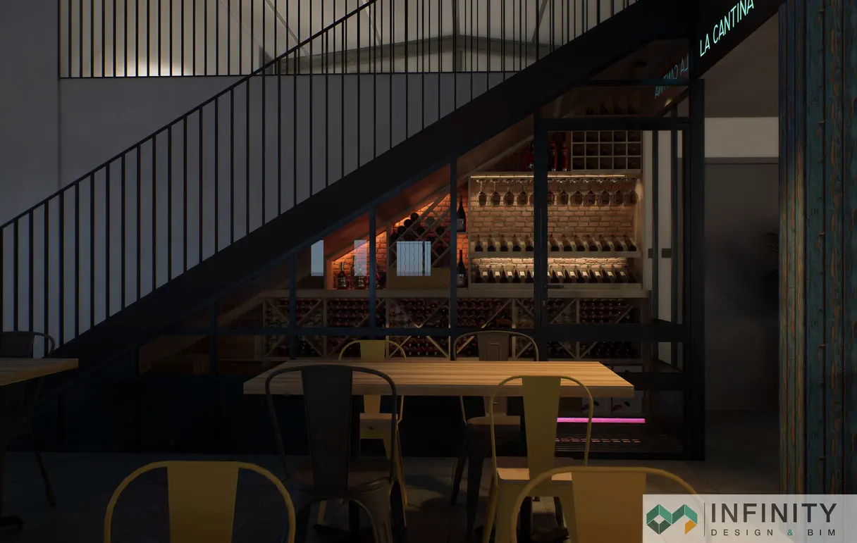 Rendu 3D de la cave à vin — vue de la cave vitrée sous l'escalier