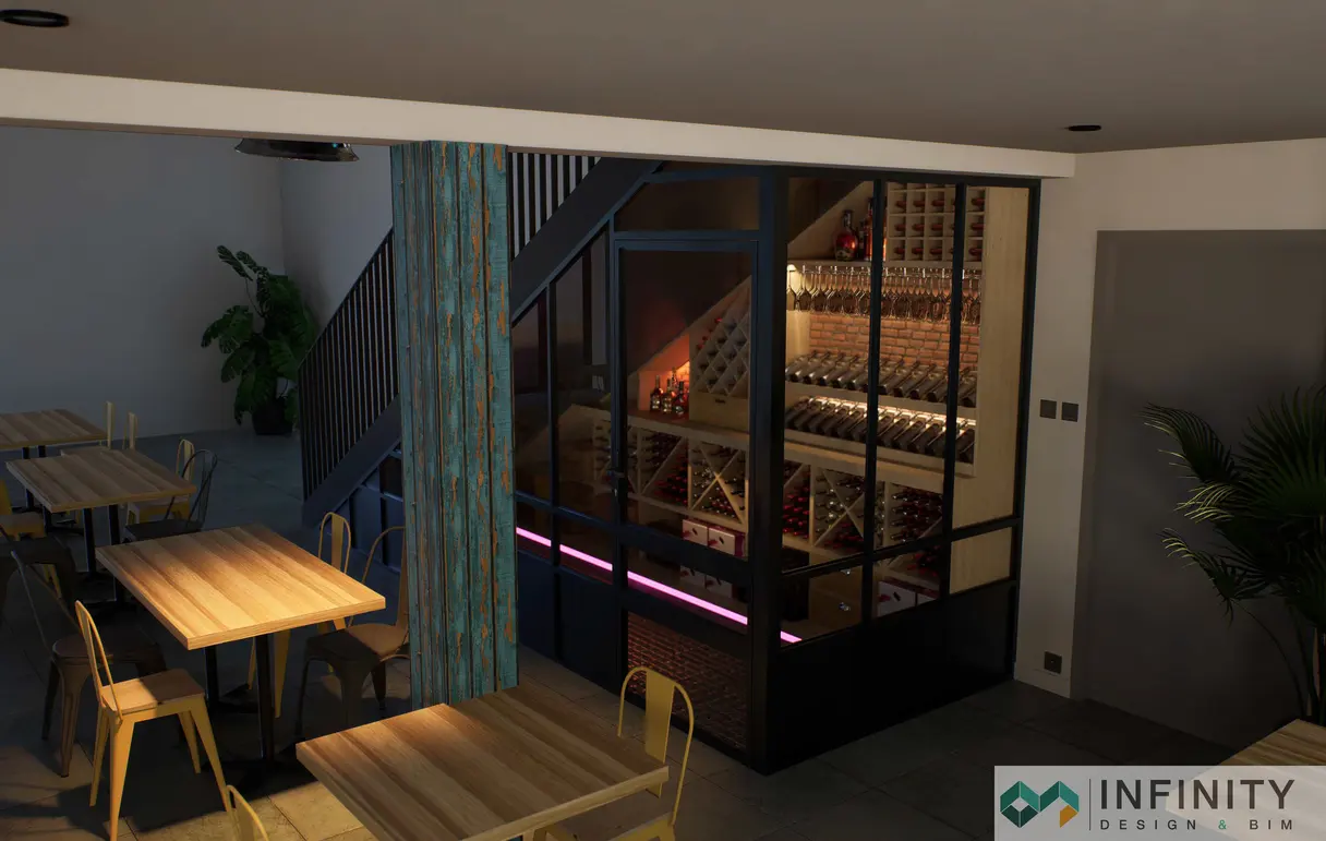 Rendu 3D de la cave à vin — vue latérale des rangements