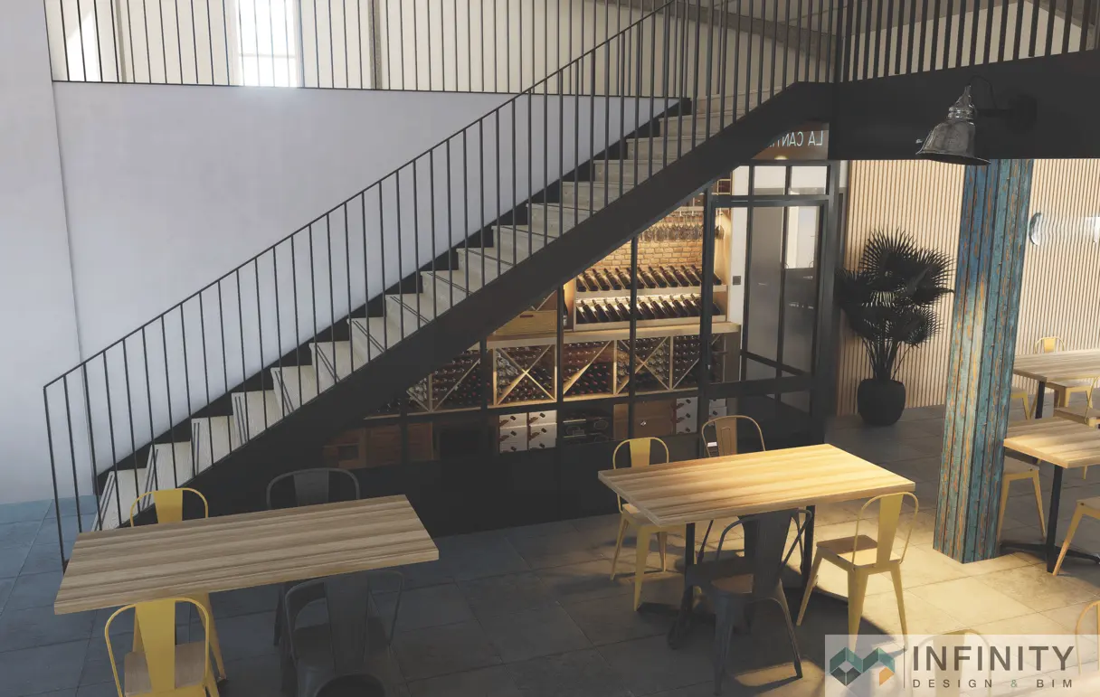 Rendu 3D de l'espace de dégustation : tables, escalier métallique et cave vitrée