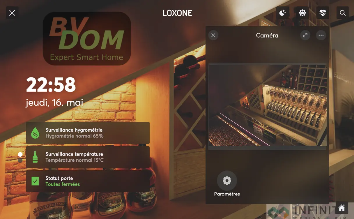 Interface Loxone de la cave : retour caméra en direct et indicateurs de température et d'hygrométrie