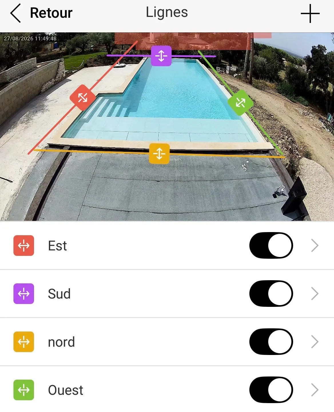 Application Ajax affichant les quatre lignes de franchissement virtuelles tracées autour de la piscine : nord, sud, est et ouest